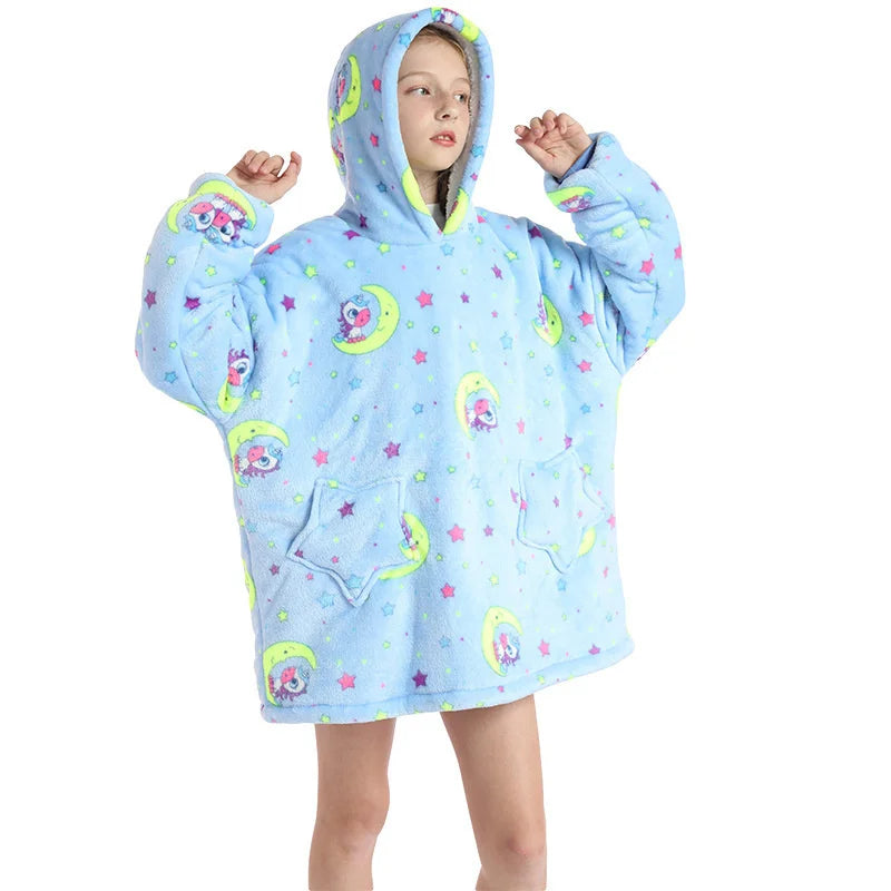 Unicorn Blue Kids Oversize Blanket Hoodie