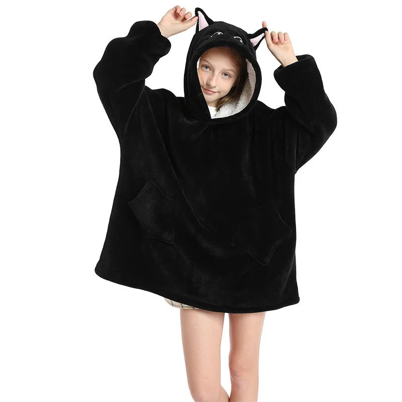 Cat Black Kids Oversize Blanket Hoodie